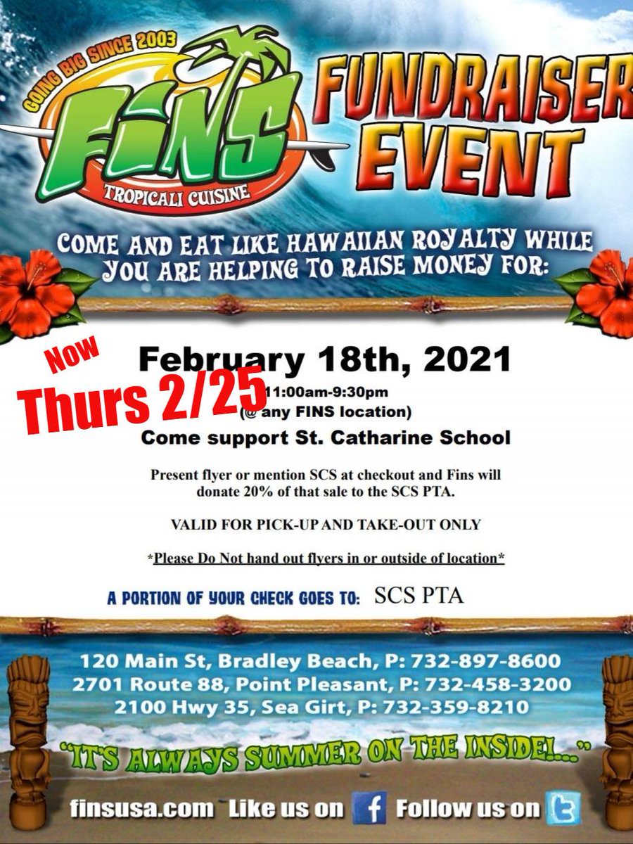 🌮Plan on Fins tomorrow! Order Fins from any location and mention SCS! 🌯 <a href="/SCSprincipal/">St. Catharine School</a>  <a href="/StCathStMarg/">St. Catharine Church</a>