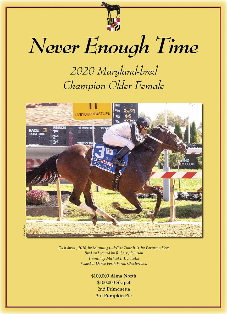 Congratulations to the connections of Never Enough Time, our 2020 Maryland-bred Champion Older Female! Bred/owned by R. Larry Johnson, she is trained by @trombetta_mike 🏆 #MDBredRenaissanceAwards