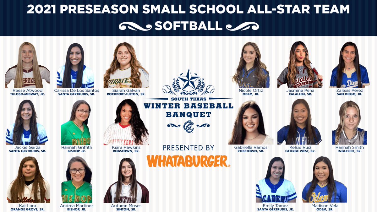 STP18U's tweet photo. Our program is always well represented for the Preseason Corpus Christi Hooks All-Stars! Congratulations ladies. 
Small School: C. De Los Santos, J. Garza, H. Griffith, E. Tamez &amp; M. Vela. 
Large School: S. Campbell, S. Miller, J. Canales &amp; A. Ramos.
#AlwaysReppin https://t.co/srMxvUj8v0