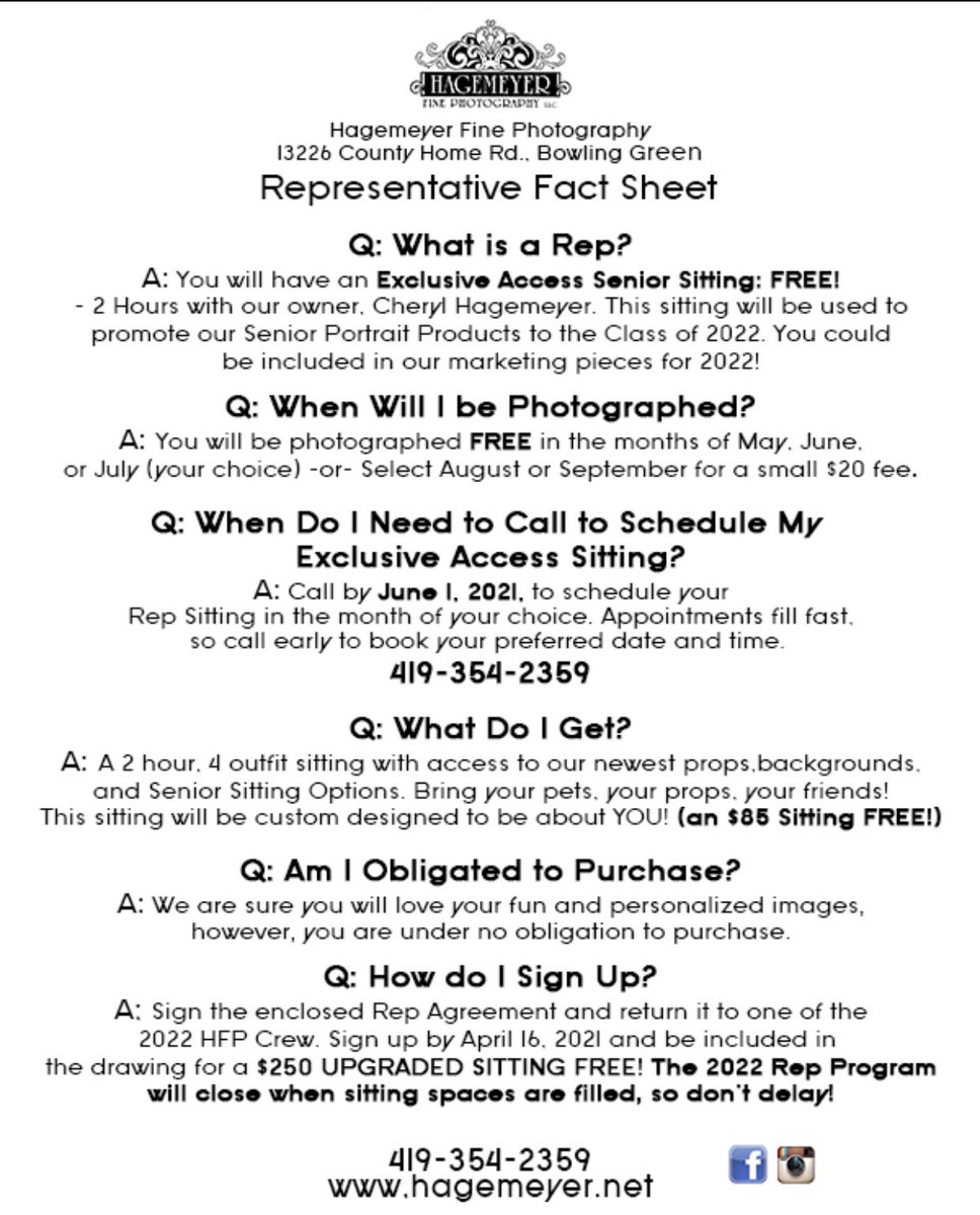 Hannah was selected to be part of the 2022  Hagemeyer Fine Photography Crew! She is looking for 25 juniors from Northwest Ohio to be her Reps...she can get them a $85 sitting for FREE! Please let us know if you are interested and we will get you the information!