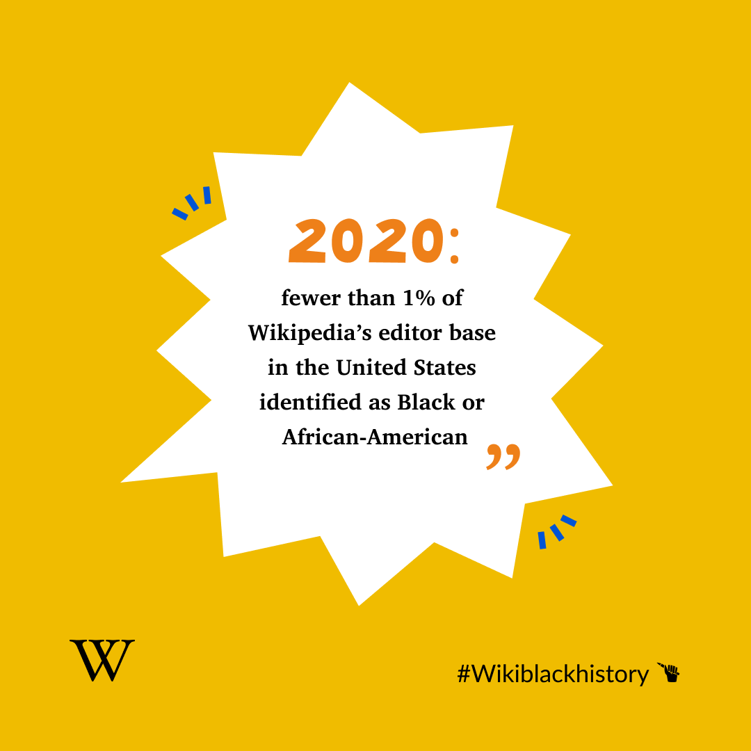 Wikipedia's tweet photo. As of 2020, fewer than 1% of Wikipedia's editor base in the U.S. identify as Black or African American. We need everyone’s help to change that. 

Read @Wikimedia COO @janeenuzzell's invitation for action: https://t.co/fomn6p8bdk #WikiBlackHistory https://t.co/DeXhSzXZyD