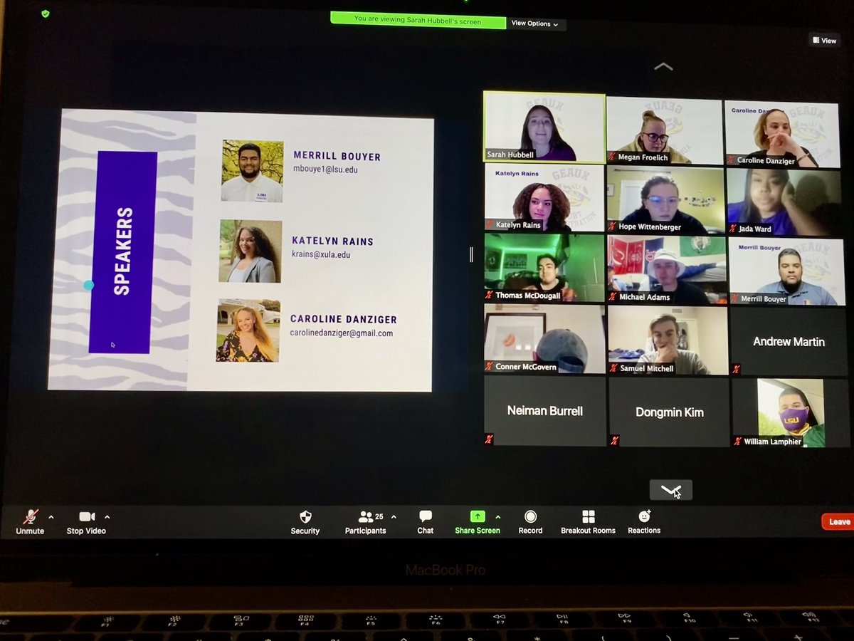 LSU_SAA's tweet photo. Zoomed our way through the first meeting of the spring semester! 

Huge thanks to our recent Sport Admin grads for speaking! 

See y’all on March 24 at 6 p.m. for our next meeting! 

#geauxsportadmin #LSUSAA #geauxtigers #sportindustry https://t.co/ETiEfBI8YV