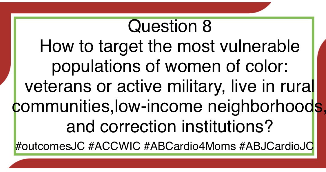 iamritu's tweet photo. Question 8
How to target the most vulnerable populations of women of color: veterans or active military,live in rural communities, low-income neighborhoods,& correction institutions?
#outcomesJC #ACCWIC #ABCardio4Moms #ABJCardioJC @CircOutcomes @bnallamo @AHAScience @netta_doc https://t.co/5VtAkEP8jn