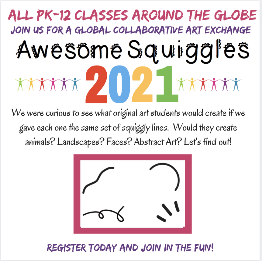 mrs_smoke's tweet photo. #wpsproud #arted #ksedchat friends, it's time for the 7th annual #AwesomeSquiggles global art challenge. Students create original art based on the same set of squiggles and then  share artwork via video conference call. It's the most fun! Register today https://t.co/QxhDFAEnhq https://t.co/xyK5UHM4MU