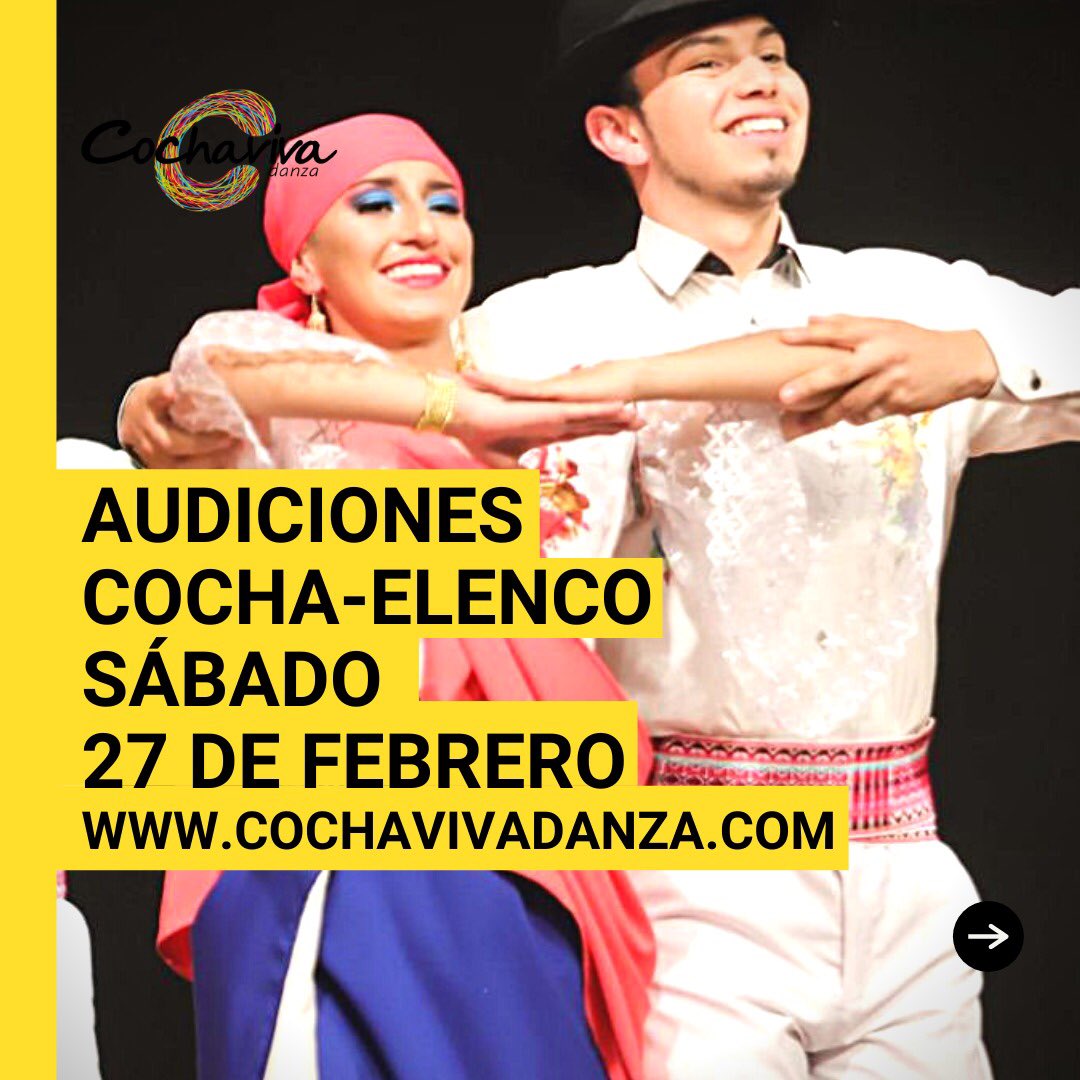 cochavivadanza's tweet photo. 📣FINALIZAMOS NUESTRA JORNADA DE AUDICIONES Y CONVOCATORIAS.

Se parte de nuestra compañía, Inscríbete en nuestra página https://t.co/aCfKi2Dxw5 opción AUDICIONES .👆🏻
#Cochaviva #CochavivaDanza #CochaAudiciones #Convocatoria #Audiciones #Folclor #Danza https://t.co/JePTKaauaJ