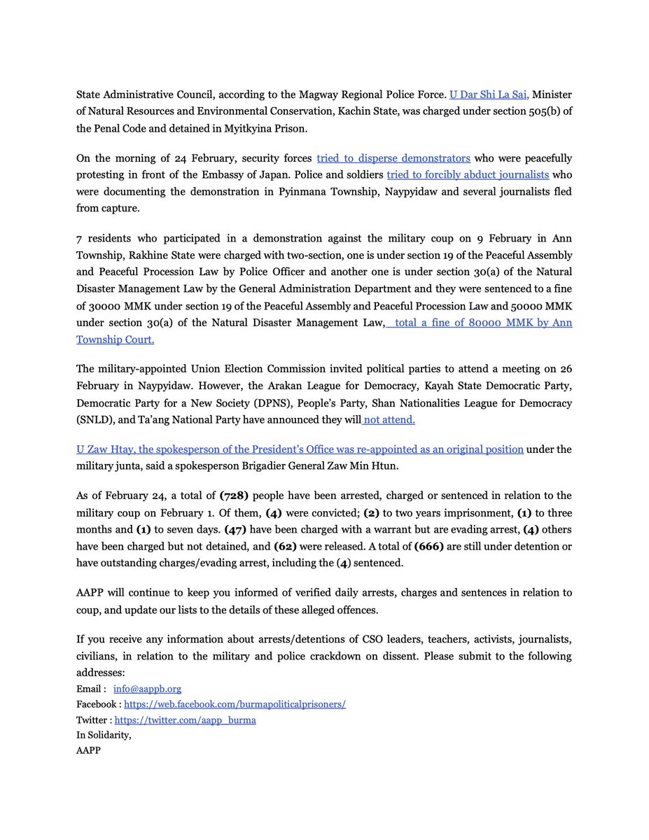 DAILY UPDATE ! (24/02)
728 people arrested, charged or sentenced since 1 Feb
666 actively persecuted
List https://t.co/Bs396a14BO
Brief https://t.co/mqTBMQB0be
#WhatsHappeninglnMyanmar https://t.co/xA6mTF17F9