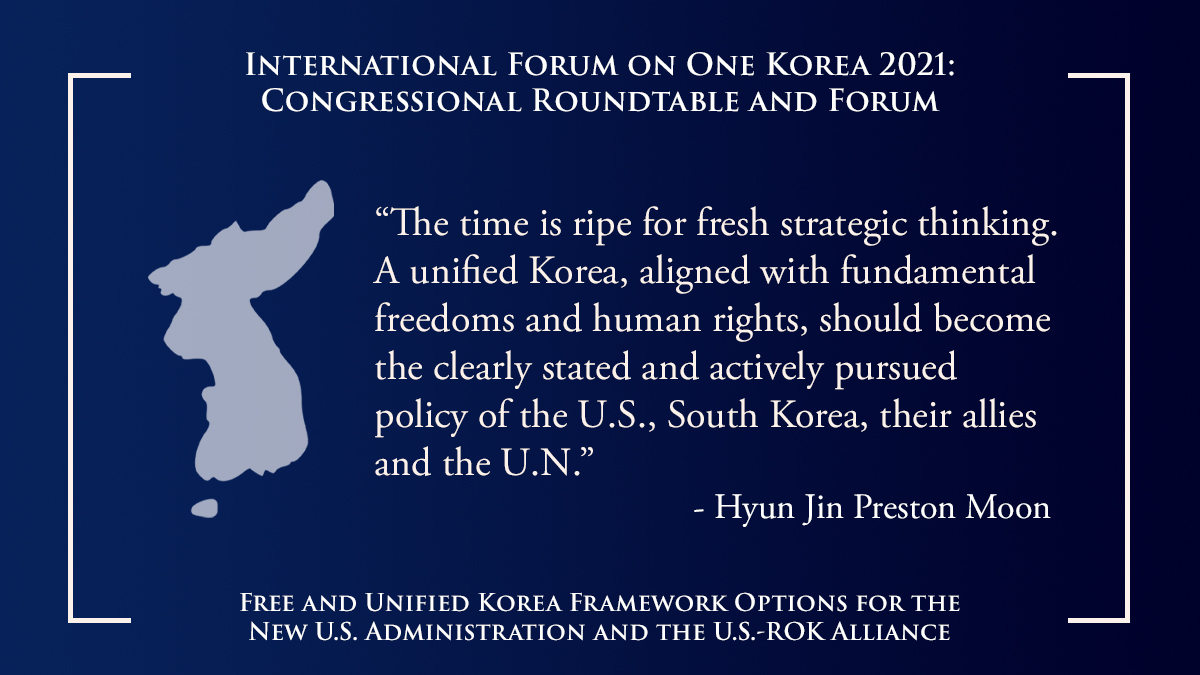 HyunJinPMoon's tweet photo. “The time is ripe for fresh strategic thinking. A unified Korea, aligned with fundamental freedoms and human rights, should become the clearly stated and actively pursued policy of the U.S., South Korea, their allies and the U.N.” Dr. @HyunJinPMoon #KoreanDream #OneKorea https://t.co/j3v2Em3hXB