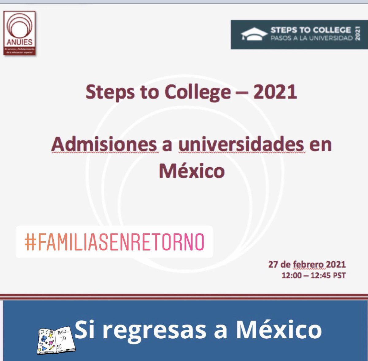 sofia_orozco's tweet photo. Grandes avances del grupo #Educación para la atención integral de las #FamiliasEnRetorno. Participa este 27 de febrero en #StepsToCollege y conoce las admisiones en las universidades mexicanas. @ANUIES @consulmexsac @IME_SRE @INAMI_mx #SiRegresasAMéxico https://t.co/xIaHb7ABMg https://t.co/LpQpWGuoHm