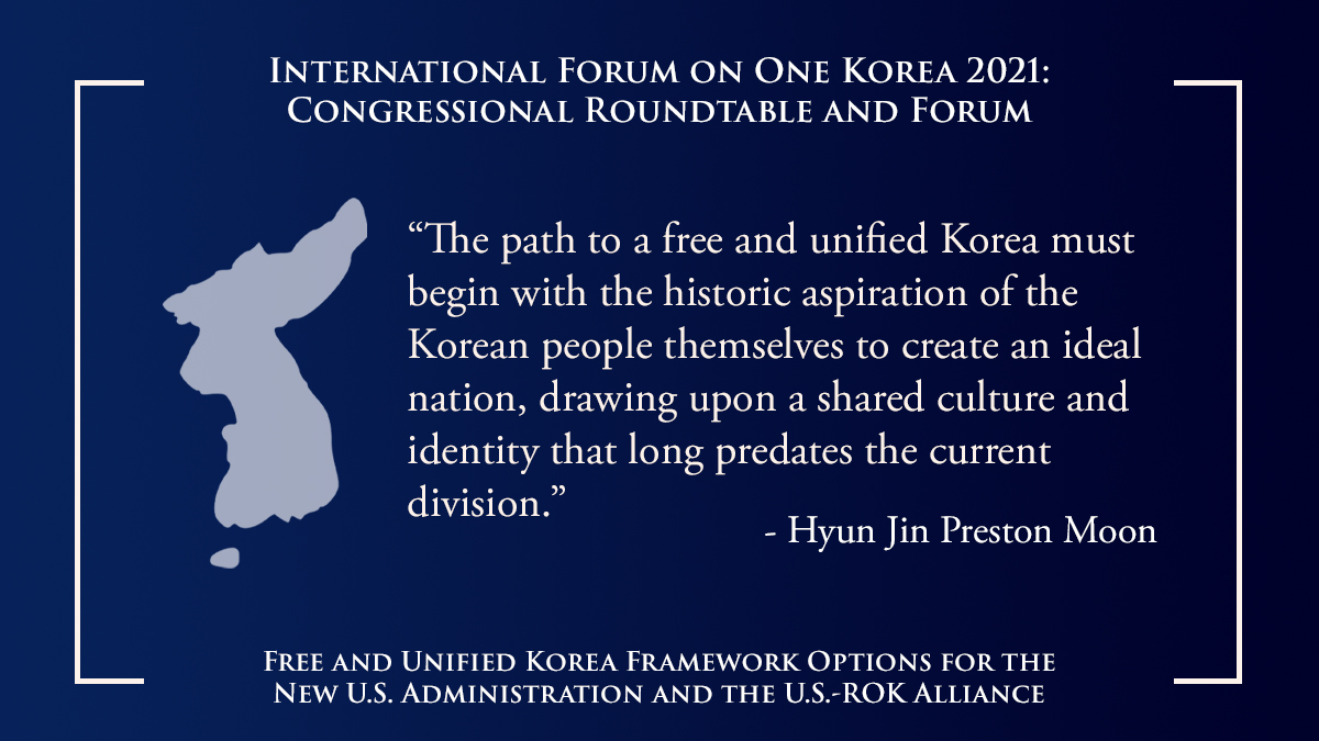 HyunJinPMoon's tweet photo. “The path to a free and unified Korea must begin with the historic aspiration of the Korean people themselves to create an ideal nation, drawing upon a shared culture and identity that long predates the current division.” Dr. @HyunJinPMoon #KoreanDream #OneKorea https://t.co/KxXVaiUlft