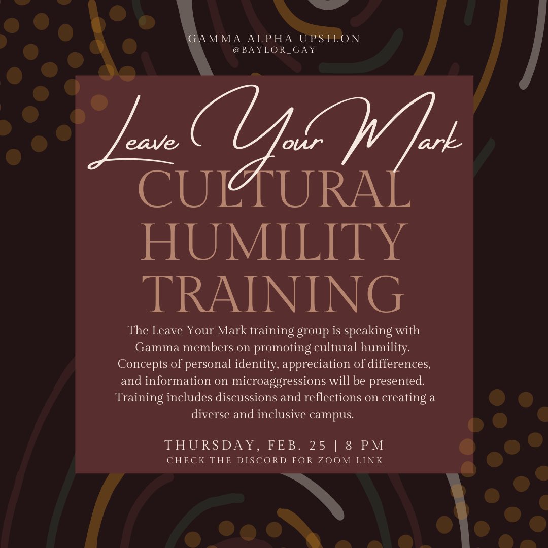 baylor_gay's tweet image. this weeks meeting will be hosted by Leave Your Mark, a 100-Level training group which promotes cultural humility and supporting a diverse and inclusive campus community. please check the discord announcement channel for more information and the zoom link!!
💛🤎
#bubearsforall