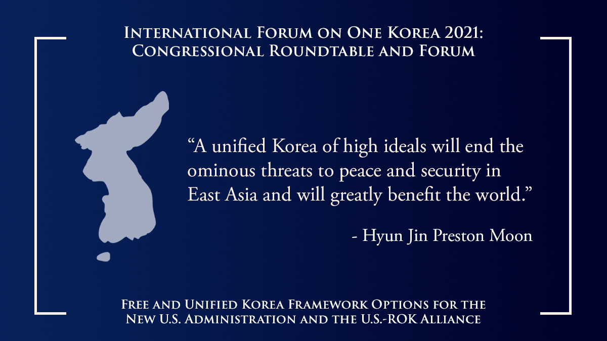 HyunJinPMoon's tweet photo. “A unified Korea of high ideals will end the ominous threats to peace and security in East Asia and will greatly benefit the world.” Dr. @HyunJinPMoon #KoreanDream #OneKorea https://t.co/hHQ1ADitdp