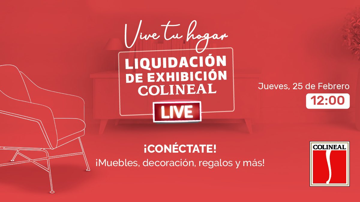 Encuentra ese mueble que tanto deseas en nuestra LIQUIDACIÓN DE EXHIBICIÓN #COLINEAL, sé parte del primer live #VivetuhogarColineal
🎯Conéctate este jueves 25 de febrero a través de Facebook, Instagram y YouTube.⌚️12h00
Pon asistiré al evento aquí https://t.co/tBHC4K7Zsq https://t.co/xbDnBykd1E