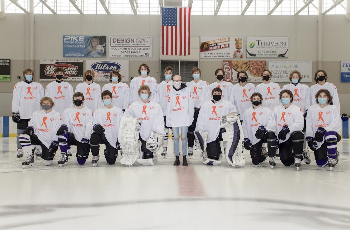 nuhsboyshockey's tweet photo. The boys showing support to classmate @addyfairbairn who is battling Luekemia! #teamADDY #staystrong #crushit https://t.co/leZlpfw58g