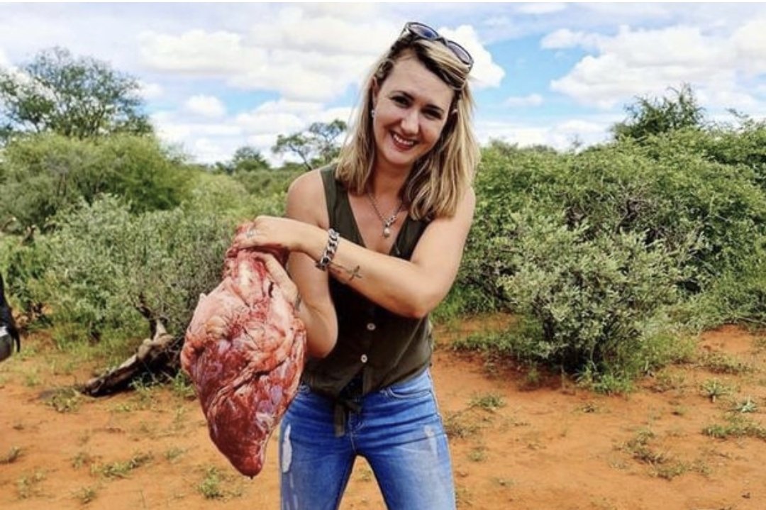 Merelize Van Der Merwe, una cazadora de trofeos de 32 años, compartió una foto de sí misma posando con el corazón de una jirafa después de que su esposo pagó para que ella le dispare al animal como regalo del día de San Valentín. ¿Qué le pasa a esta gente?.
@AnimalProtectrs