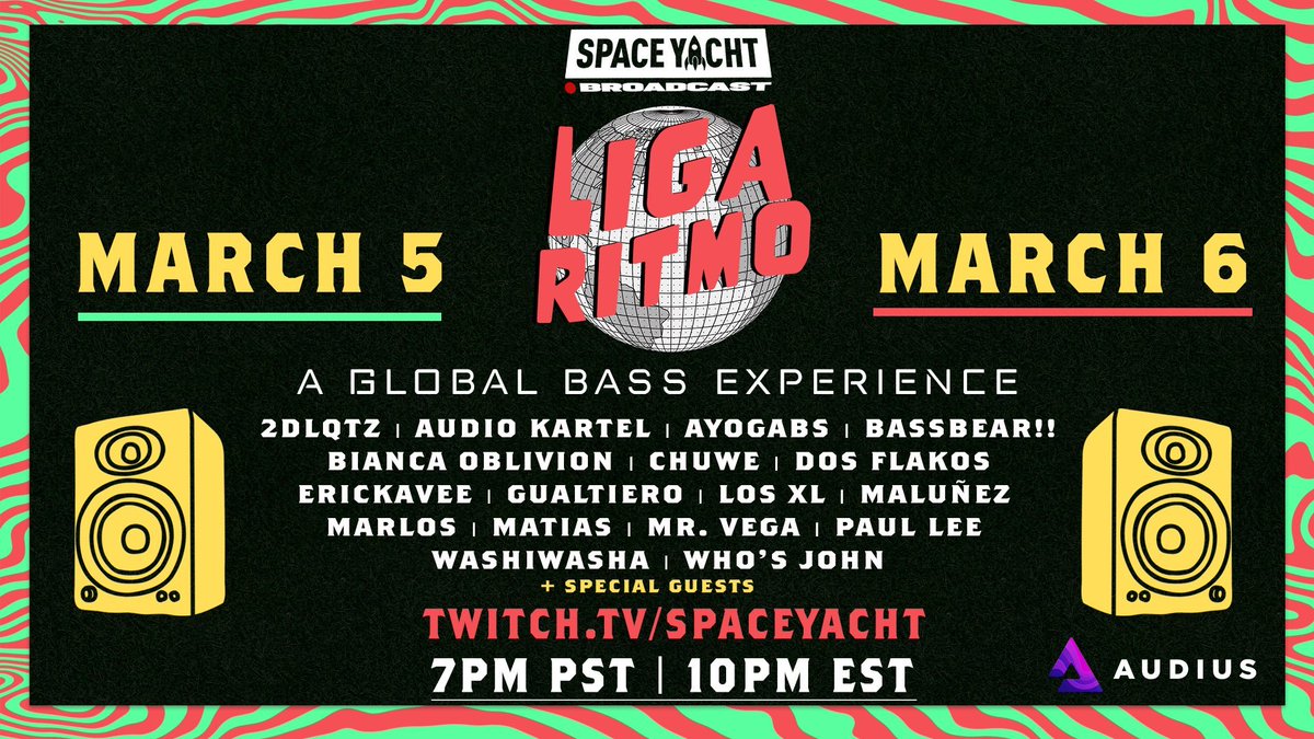 THROWING OUR FIRST FESTIVAL

<a href="/LIGARITMO/">Liga Ritmo</a> x @AUDIUSPROJECT x <a href="/SPACEYACHT/">SPACE YACHT</a>

MARCH 5 &amp; 6

17 ARTISTS FROM AROUND THE GLOBE INCLUDING

<a href="/DOSFLAKOS/">Teddy Bump</a> <a href="/biancaoblivion/">Bianca Oblivion</a> <a href="/Mr_Vega/">Mr. Vega</a> <a href="/WhosJohnIRL/">who’s john</a>
 <a href="/biancaoblivion/">Bianca Oblivion</a> <a href="/djchuwe/">Chuwe</a> @AyoGabsmusic 

&amp; Special Guests :)

join us at twitch.tv/spaceyacht