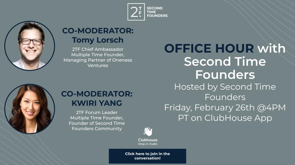 2ndTimeFounders's tweet photo. Join our @clubhouse conversation Friday @4pm PST with multiple time founders @tomylorsch &amp; @KwiriY. https://t.co/XgnZr6UmWG. Add to your calendar so you don't miss it!
#serialfounder #discussion #founderadvice #foundercommunity #startupecosystem #consciousleadership #ClubhouseApp https://t.co/8vs3I6Uc0s