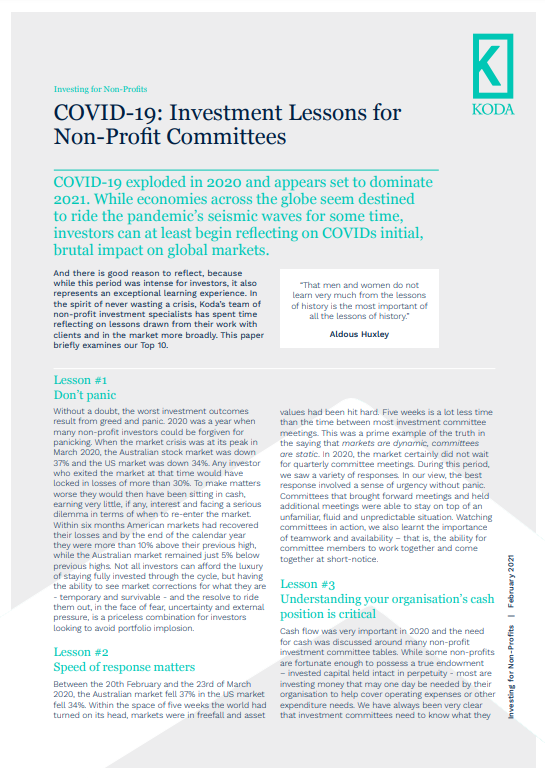 KodaCapital's tweet photo. This week Koda's Philanthropy &amp; Social Capital team released their latest paper: "COVID-19: Investment Lessons for Non-Profit Committees" https://t.co/ddYCdHQQZL