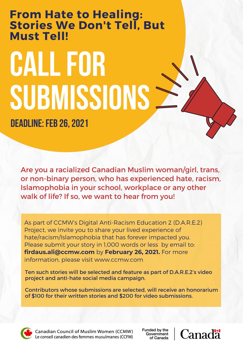 Call for Submissions to the Canadian Council of Muslim Women's From Hate to Healing Project Deadline February 26 2021
muslimlink.ca/classifieds/op…
@CCMWtoronto @CCMWCanada