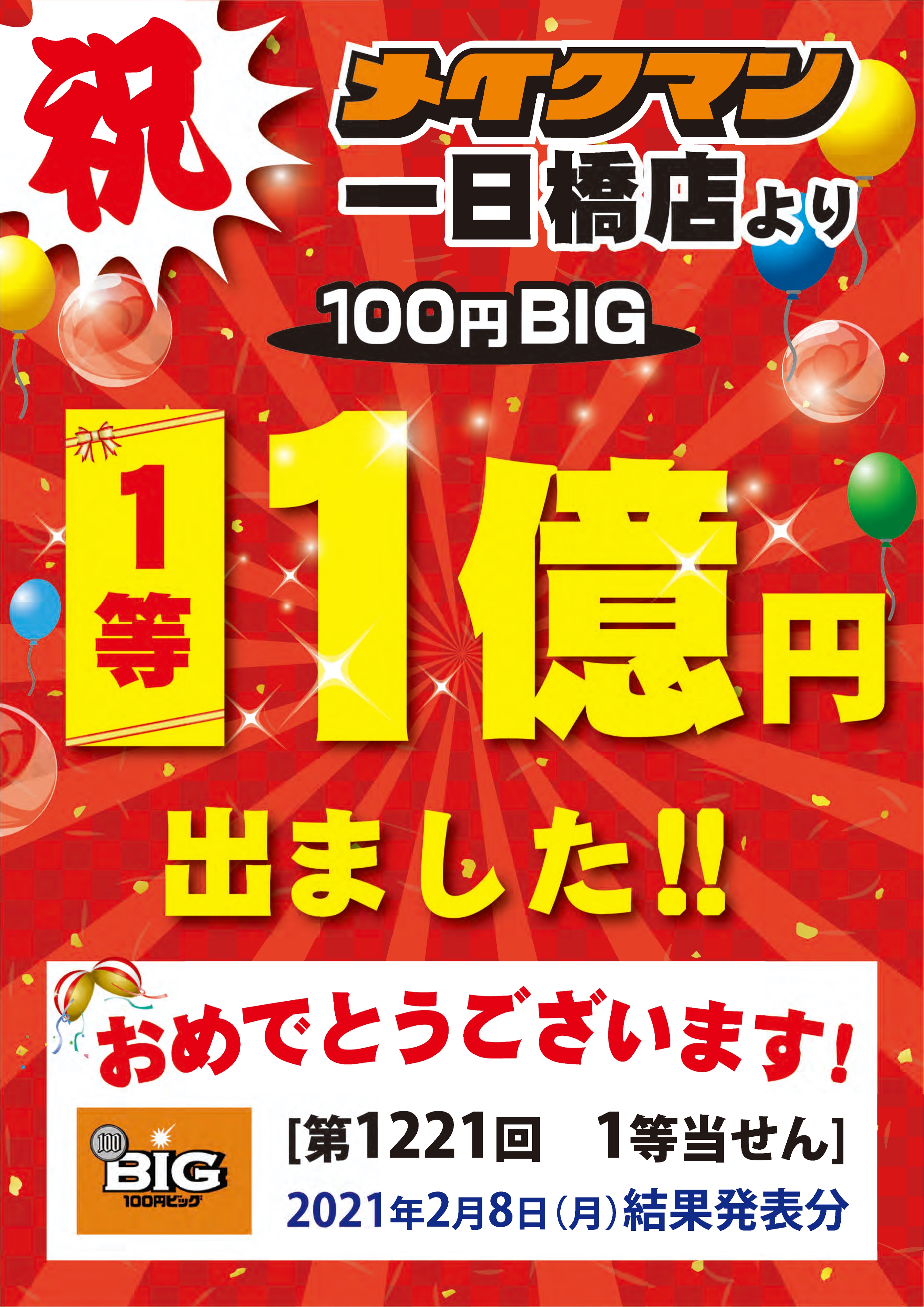 メイクマン 祝 メイクマン一日橋店より 100円big 1等 １億円 出ました 21年2月8日発表分 おめでとうございます スポーツくじ Toto Big はメイクマン各店のサービスカウンターにて販売しております T Co 08sjejz28r Twitter