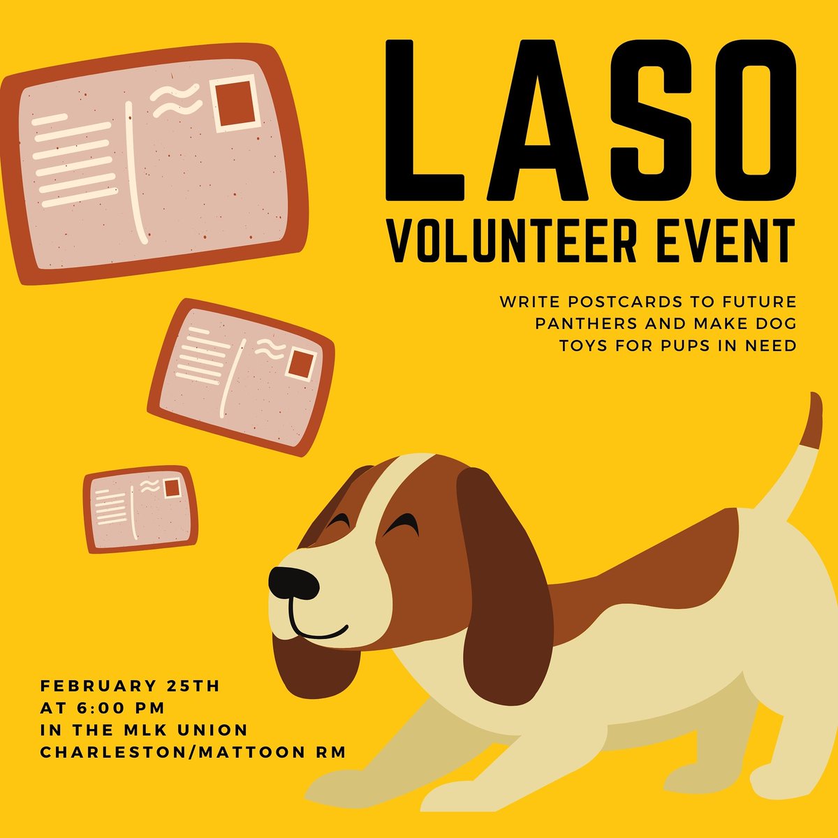 EIU_LASO's tweet photo. Join LASO in person this Thursday (February 25th) at 6:00 p.m. in the MLK Union (Charleston/Mattoon RM) for our Volunteer Event!! Will be making dog toys and writing postcards to Future Panthers. We hope to see you at a safe distance!! ♡♡♡ #eiulaso https://t.co/KCCd2RP4Os