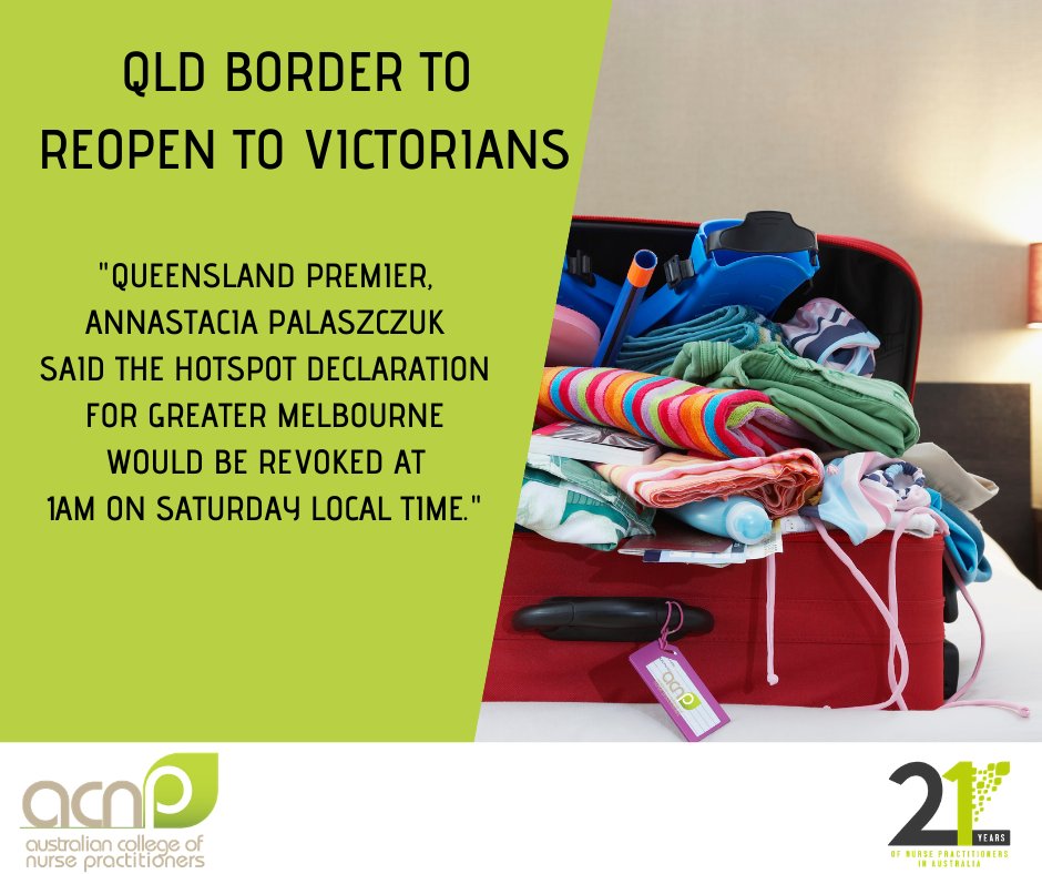 Good news for #Victorians today with #QLD Premier Annastacia Palaszcuk announcing the #hotspot declaration for Greater Melbourne will be lifted on Saturday. Wonderful for Delegates who want to attend the #ACNP National #Conference. Time to get packing! ow.ly/ry3L50DJjZL