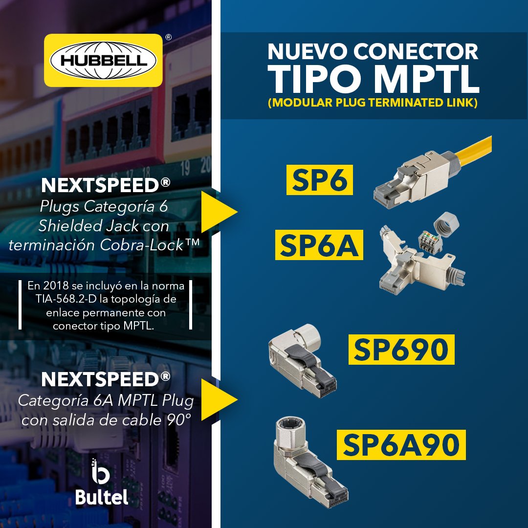 Bultelca's tweet photo. Conoce los nuevos conectores tipo #MPTL de Hubbell® 🔌
Debido a la demanda de certificación de cables MPTL, en el 2018 se hizo una actualización de la norma TIA-568.2-D, dónde se incluyó la topología de enlace permanente con conector tipo MPTL🔌
#bultel #bqto #barquisimeto #lara https://t.co/5kqaJhazLu