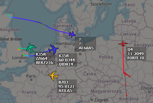 ameliairheart's tweet photo. RAF RC-135W, USAF P-8, E-8C, KC-135R. We saw the same collection of hardware last night in the same region. Wonder what's going on. #ADSB #AE54B6 #AE68A5 #AE013C #43C38C #AE1491 https://t.co/qd7doBoBJ5