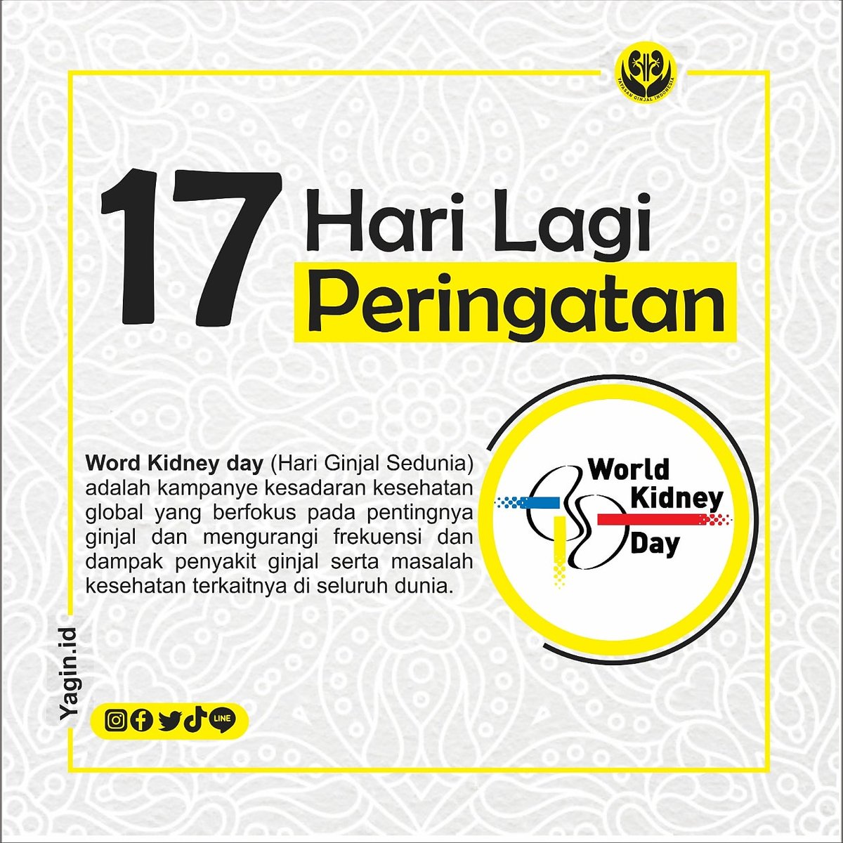 Sahabat ginjal 
17 hari lagi memperingati hari Ginjal Sedunia yuk sangat pentingnya kita menjaga kesehatan,rutin minum air mineral sehari 8 gelas agar makanan yg ada di dalam tubuh kita akan menyaring zat-zat buangan dalam tubuh 

#ginjalbocor #sayangiginjal #sehatginjal