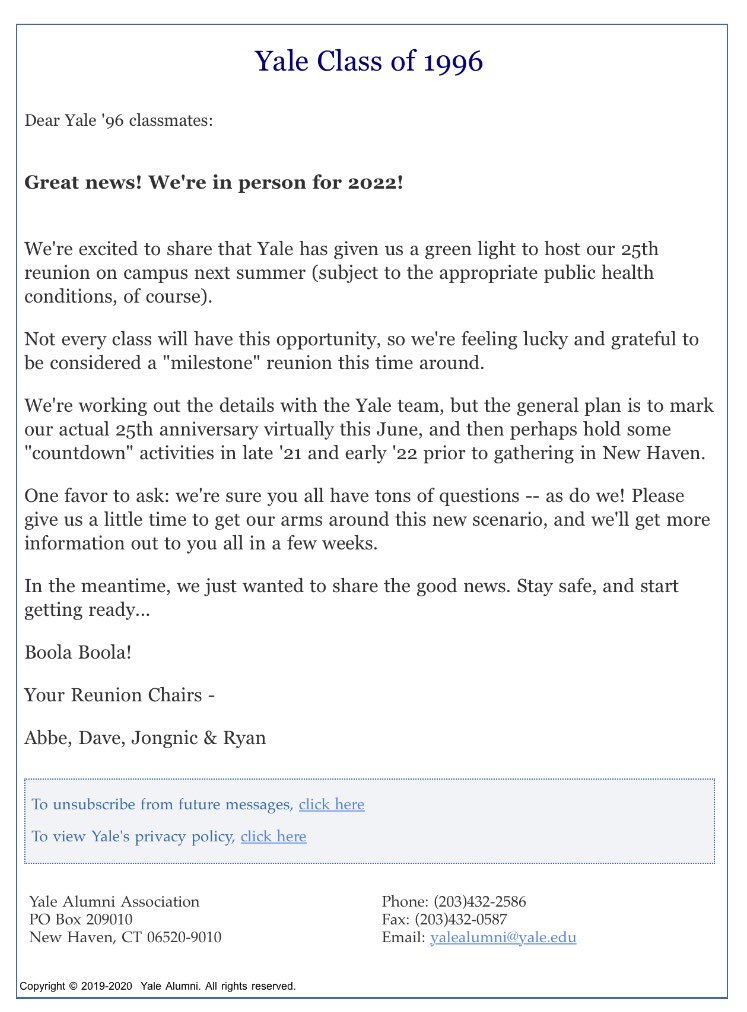 yale_96's tweet photo. Great news, ‘96 - not going to let a little global pandemic prevent us from celebrating a quarter century! Nice work, and thanks to Abbe, Dave, Jongnic, and Ryan for getting this done. https://t.co/3kiZrP3mBu