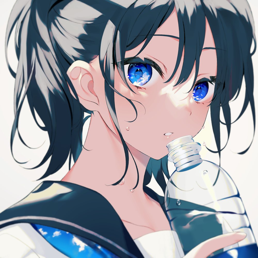 1girl solo blue eyes bottle water bottle school uniform ponytail  illustration images