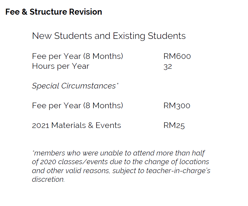 Welcome home learners!

All returning students will be given 25% discount automatically (RM75 from RM100 per month)

Additional 50% discount (RM37.50 from RM100 per month) to students with special circumstances