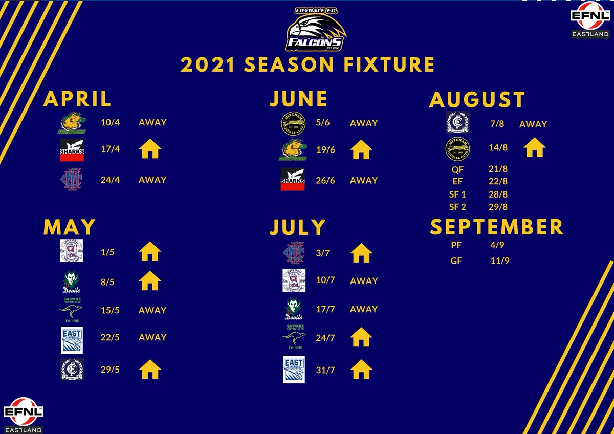 Eastern_FNL's tweet photo. Eastland Senior Mens Fixture | Will Lilydale Football and Netball Club contend for the Division One Flag once again?

Who knows - but they take on Mooroolbark in Round 1! https://t.co/i3amYm3n3t