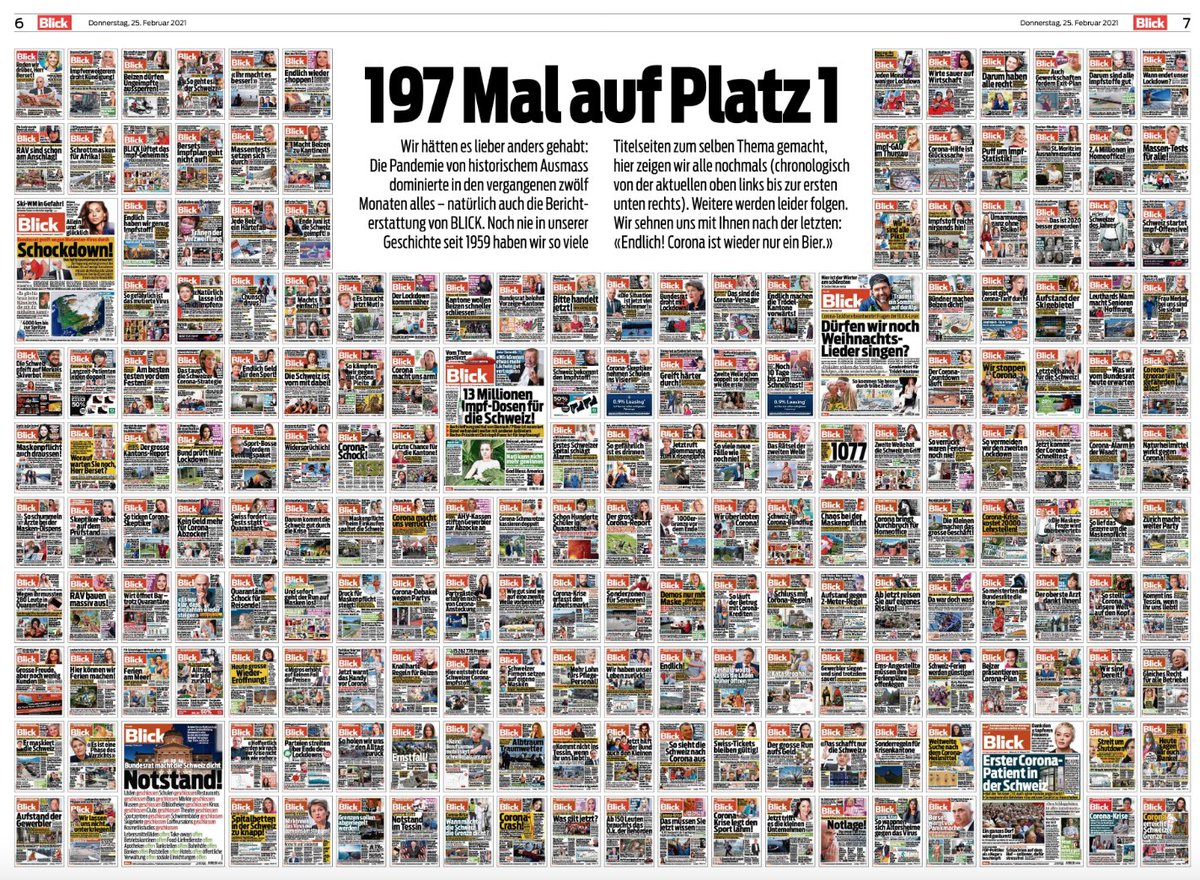 Wenn Zeitungen der Sekundenzeiger der Geschichte sind, dann bildet <a href="/blick/">Steve Blick</a> heute 3min17sec des #Corona-Jahres ab. 1 Thema, 197 Titelseiten. Die Goldberg-Variationen von Johann Sebastian Bach sind mir auch lieber.