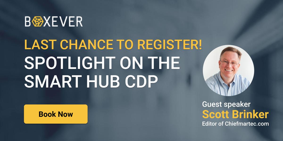 Last chance!! Don't miss out on our Live Webinar 'Spotlight on the Smart Hub CDP' featuring Scott Brinker. Discover how the Smart Hub CDP as recognised by Gartner, has evolved.
<a href="/chiefmartec/">Scott Brinker</a> #smarthubcdp #cdp