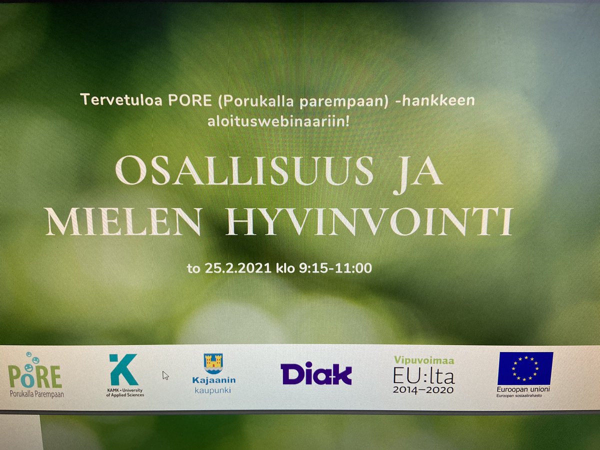 PORE -hankkeen aloituswebinaarissa #esrpore puhujina Saara Pikkarainen @Kainuunsote <a href="/jarilindh/">Jari Lindh</a> <a href="/WiensVarpu/">Varpu Wiens</a> ja <a href="/tanja_hg/">Tanja Hirschovits</a> teemana ”Osallisuus ja mielen hyvinvointi” 

Lisää POREesta Facebook.com/esrpore 
Toteuttajat: <a href="/KajaaniAMK/">KAMK</a> <a href="/DiakAmk/">Diakonia-amk</a> <a href="/Kajaanikaupunki/">Kajaanin kaupunki</a>  

#osallisuus #nuoret