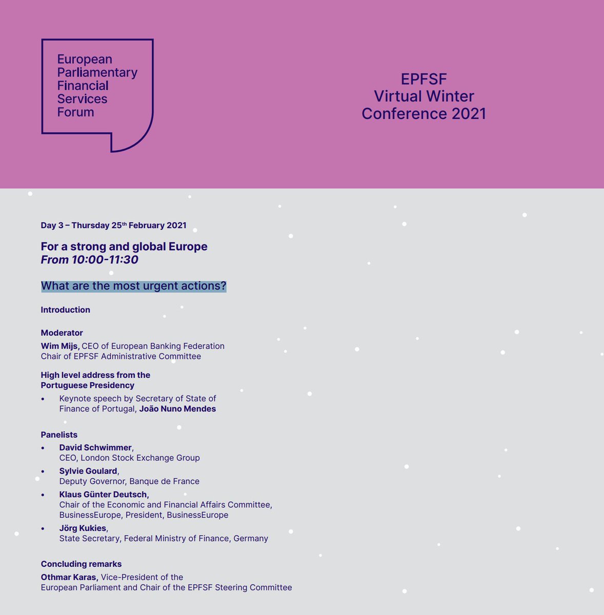 EBFeu's tweet photo. The third day of the #EPFSFWinterConference is about to start: Tune in and listen to the panel: A strong and global Europe: what are the most urgent actions? moderated by our CEO @Wim_Mijs https://t.co/rLnQtYf3OI