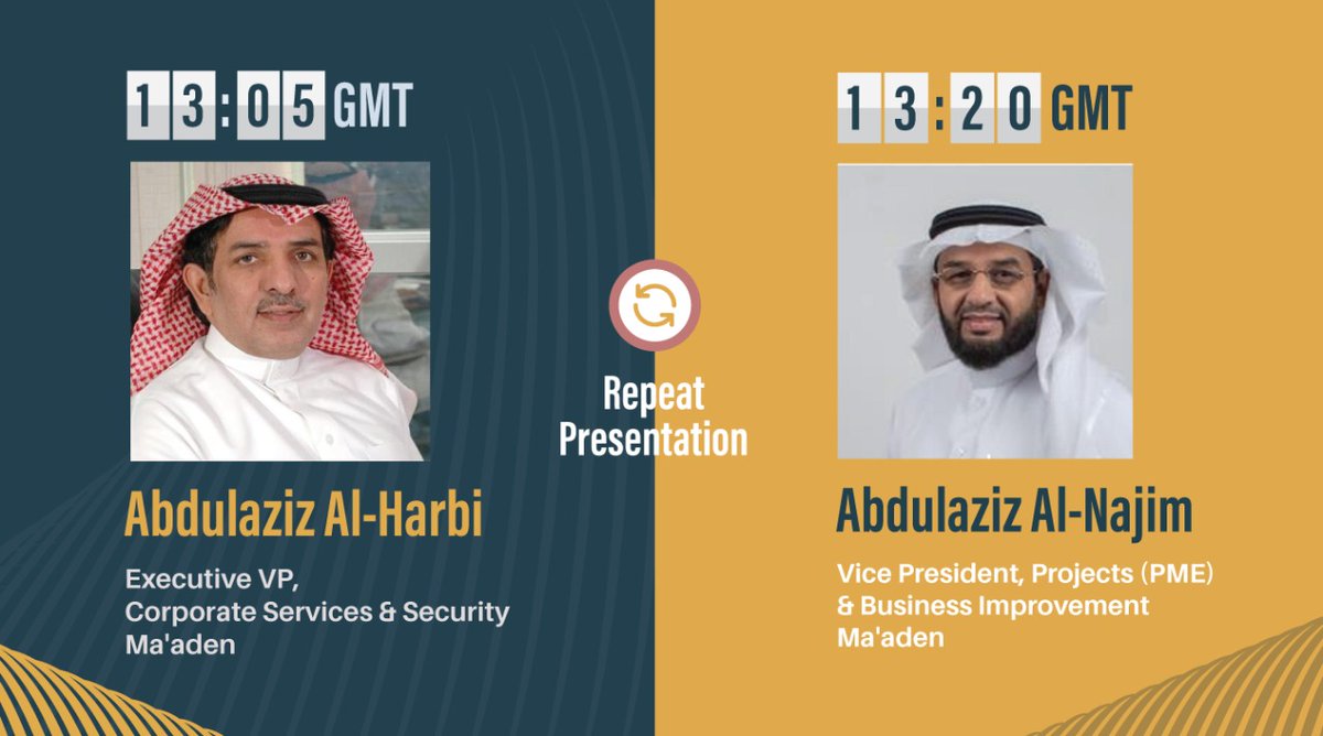 arabminingcon's tweet image. We will be repeating presentations by Abdulaziz Al-Harbi, @MaadenKSA and Abdulaziz Al-Najim, @MaadenKSA at #amc2021 today.

In case you have missed these presentations yesterday, tune in today for the repeat webcast.

Visit arabminingconvention.vfairs.com/en/hall to check the updated agenda.