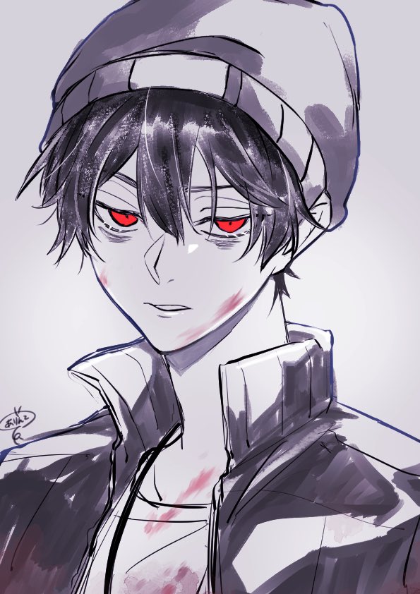 1boy male focus red eyes solo jacket hat beanie  illustration images