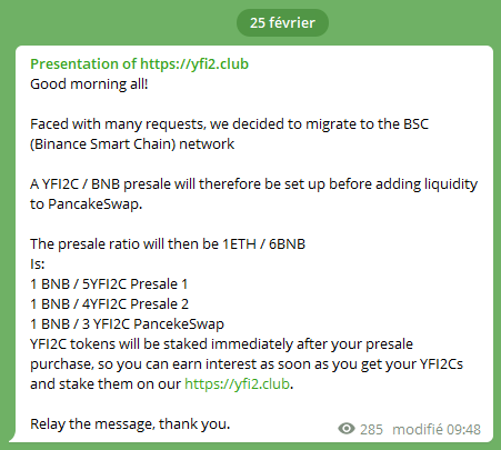Yfi2C's tweet photo. Good morning all!

Faced with many requests, YFI2C is now migrating to the BSC (Binance Smart Chain) network.
Watch our Twittes to not miss the new pre-sale of YFI2C / BNB tokens.
Warning!
#YieldFarming #DeFi #Presale #Giveaway #CryptoNews  #ICO #Airdrops #BSC
 MIGRATION to BSC: https://t.co/1tOeNGUrfI