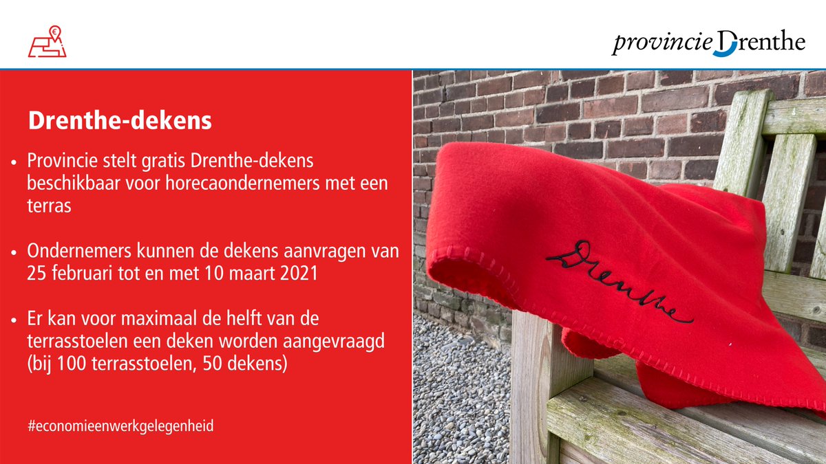 Provincie Drenthe stelt gratis Drenthe-dekens beschikbaar voor horecaondernemers met een terras. Hiermee willen wij de ondernemers, ondanks dat er nog geen perspectief is voor opening, een hart onder de riem steken ➡️ bit.ly/3qUWMyW