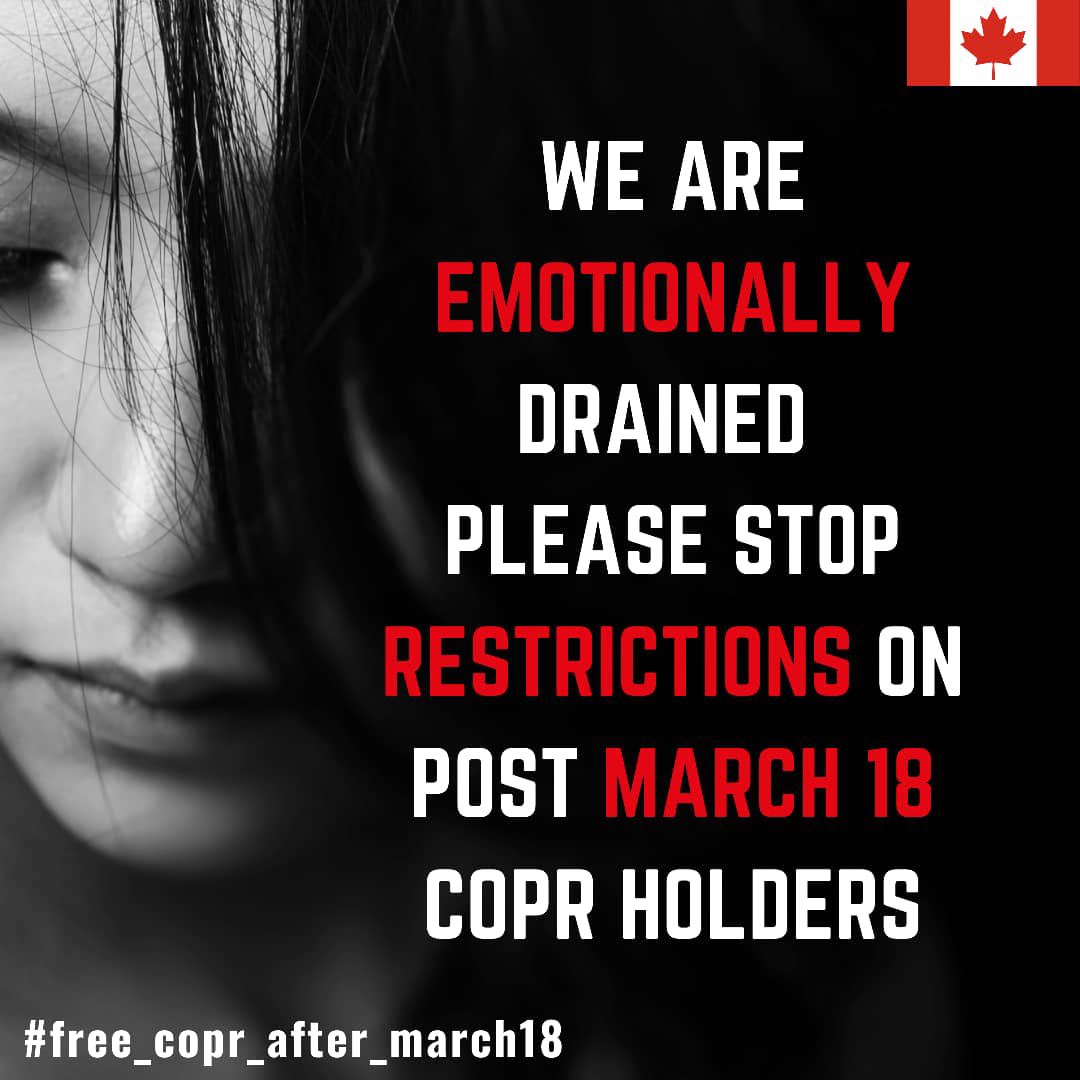 COPRPOSTMARCH18's tweet image. What about Post-March 18 2020 COPR holders without immediate family? What is your plan for us? We are emotionally drained.😭😭😭😭😭
@CBCCanada 
@PattyHajdu 
@BillBlair 
@mohanadmoetaz 
@JustinTrudeau 
#free_copr_after_march18
#wewillquarantineinhotels
#letuslandimmediately
