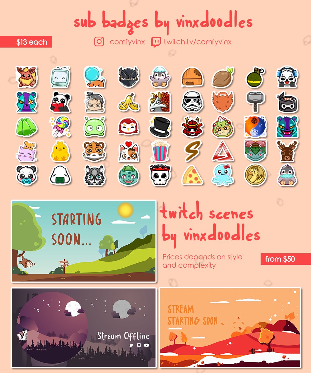 Yee :3 Updated my commission sheet!

Available to doodle:
- Emotes
- Sub badges
- Scenes

If you're interested, DM me for more info or check out my link here vinxdoodles.carrd.co! 

#twitchemoteartist #twitchemotes