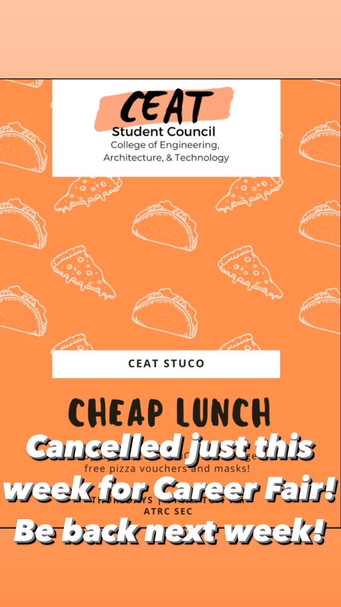 Cheap Lunch will be cancelled this week (02/25) due to overlap with the Career Fair. 

We’re sad, too, but promise to see you next week! 😪