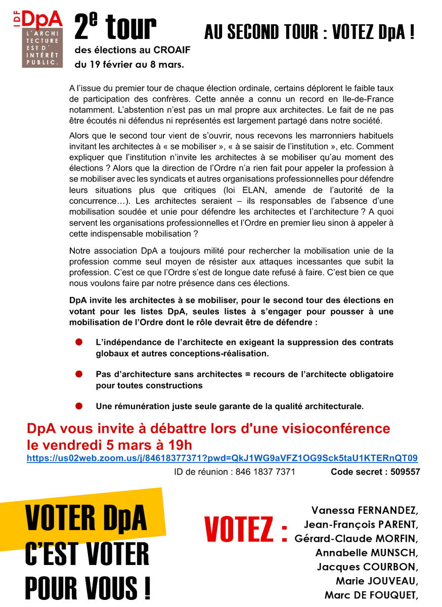 ArchiDpA's tweet photo. Chère #teamarchi, 
Votez pour les listes DpA, seules listes à s’engager pour pousser à une mobilisation de l’Ordre dont le rôle devrait être de défendre : 
>>> Pas d’architecture sans architectes = recours de l’architecte obligatoire pour toutes constructions <<< https://t.co/r1q3AMVcJi
