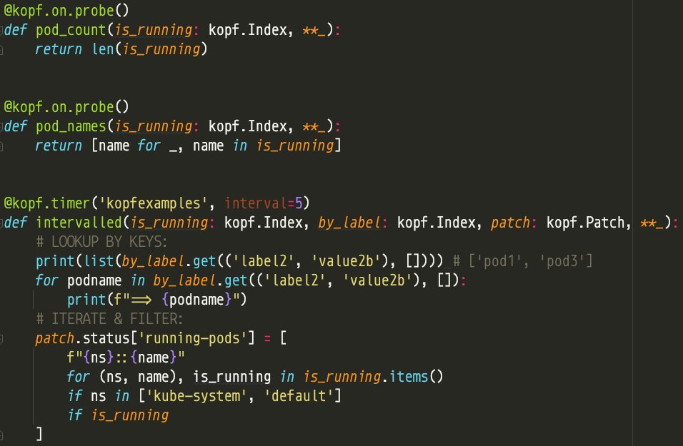 I am happy to announce that #Kopf 1.30.0rc1 is pre-released—with cross-handler &amp; cross-resource data exchange features.

The main feature is the in-memory by-key indexing with O(1) lookups and iterations. Docs: kopf.readthedocs.io/en/latest/inde…

More features👇 Early feedback is welcome!