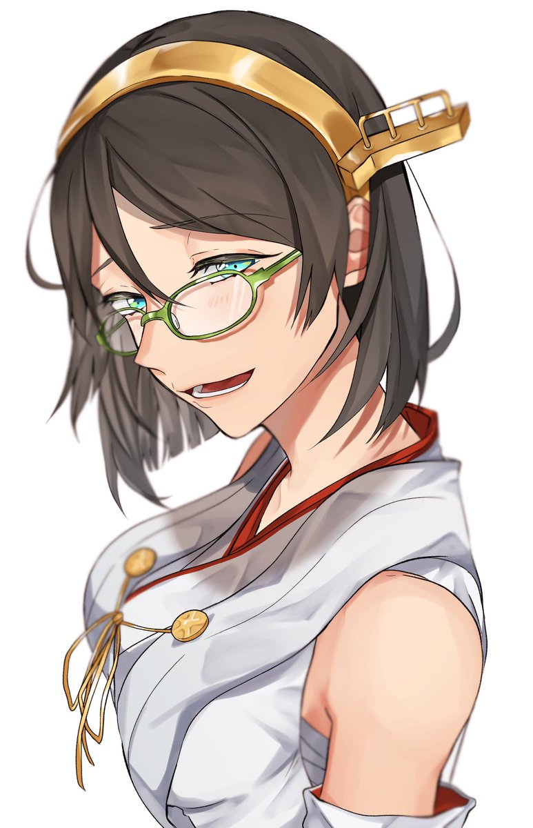 kirishima (kancolle) 1girl solo short hair glasses green-framed eyewear black hair nontraditional miko  illustration images