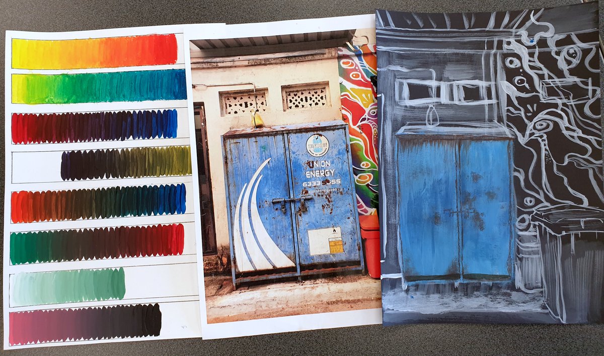 CasesNicola's tweet photo. Students have been doing some structured colour mixing from primaries to neutrals, tones and tints. We followed this up by starting to look at images of rusted and broken-down surfaces. Painted onto black paper for some oomph and tone. #dcsgart #arteducation #gcseart https://t.co/OA0ZtdyayR