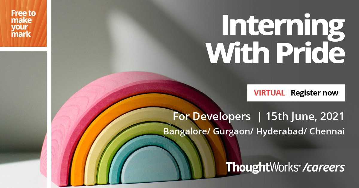 thoughtworksIN's tweet photo. The 2nd edition of #ThoughtWorks #InterningWithPride (IWP) is here!
IWP is a ThoughtWorks certified technical training &amp; #internship program designed for recently graduated #technologists from the #LGBTQ+ community.
Register now: https://t.co/8D7DyOJetr

#ThoughtWorksIndia #tech https://t.co/s5vOhb8gnl