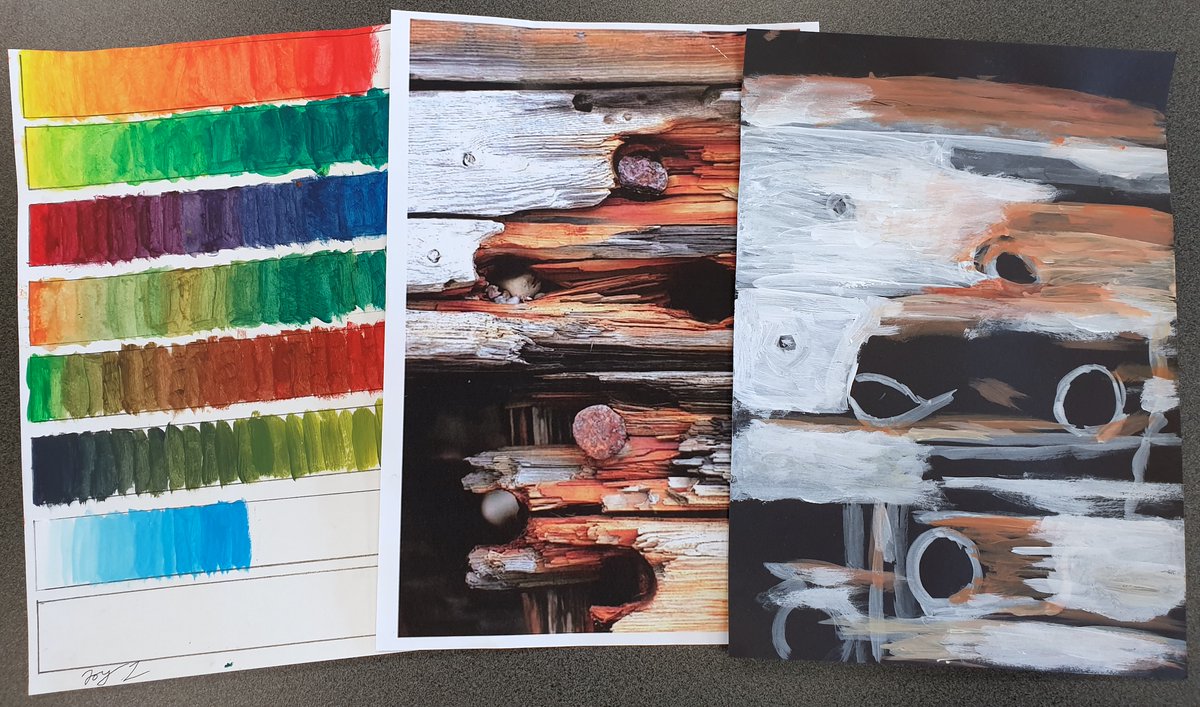 CasesNicola's tweet photo. Students have been doing some structured colour mixing from primaries to neutrals, tones and tints. We followed this up by starting to look at images of rusted and broken-down surfaces. Painted onto black paper for some oomph and tone. #dcsgart #arteducation #gcseart https://t.co/OA0ZtdyayR