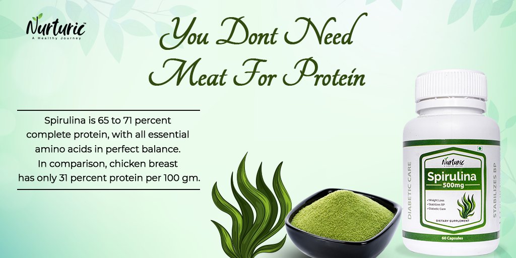 nurturicindia's tweet photo. It is a misconception that you need to consume meat for protein. Spirulina has a higher percentage of protein than even chicken breast.
#nurturic #spirulina #benefitsofspirulina #heartcare #antiinflammatorydiet #celldamagerepair #MentalHealthMatters https://t.co/khF6Z10JIV